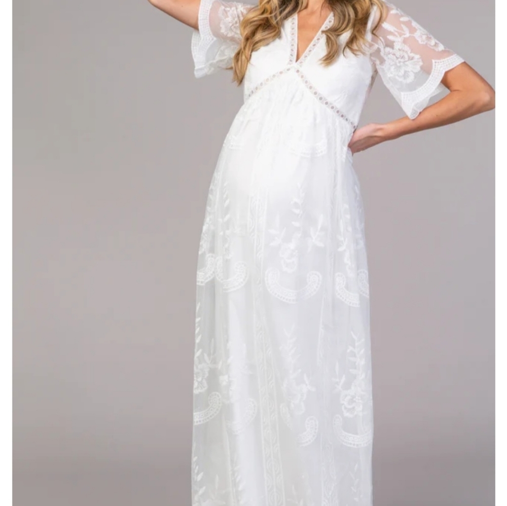 COPY - PinkBlush White Lace Mesh Overlay Maternity Maxi Dress